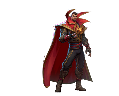 Marvel Rivals — Doctor Strange in a flowing red cape and mystic armor, Eye of Agamotto glowing at his chest, hand raised as he casts a spell.