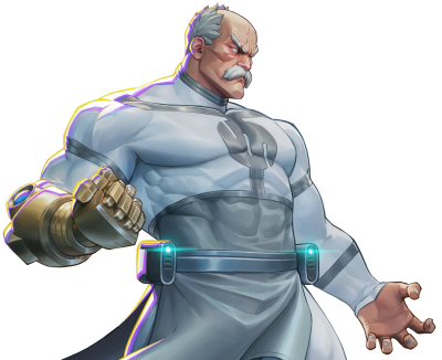 Stoic, muscular older superhero in a white suit with a gold mechanical gauntlet and clenched hand, stern gaze and flowing belt — Invincible VS Integrate
