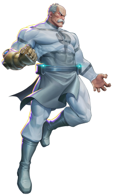 Invincible VS Integrate: stern mustachioed veteran superhero in a white armored suit, metal gauntlet, short cape, hovering midair.