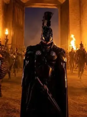 A plumed black-armored warrior grips a sword before towering, torch-lit gates as ranks of soldiers stand behind — The Odyssey (2026)