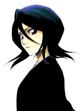 Rukia Kuchiki from Bleach in three-quarter profile, dark shoulder-length hair and black shihakusho, serious expression against a plain white background.