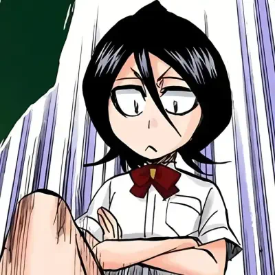 Rukia Kuchiki from Bleach in a school uniform with a red bow, arms crossed and a stern expression, looking down against a streaked background.
