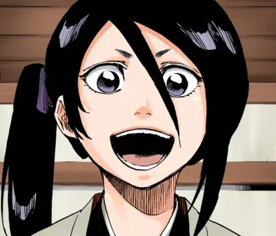 Rukia Kuchiki from Bleach grinning widely with mouth open, pigtails and dark hair falling over one eye, pale kimono collar visible and wooden interior behind her.