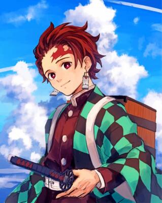 Tanjiro Kamado from Demon Slayer -Kimetsu no Yaiba- The Movie: Mugen Train, smiling with his Nichirin sword, wearing a green-and-black checkered haori and carrying a wooden box against a bright sky.