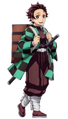 Tanjiro Kamado from Demon Slayer -Kimetsu no Yaiba- The Movie: Mugen Train, smiling and standing in his green-and-black checkered haori with a wooden box on his back and a sword at his waist.