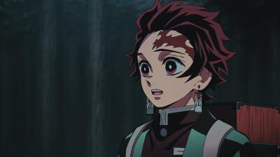 Tanjiro Kamado from Demon Slayer -Kimetsu no Yaiba- The Movie: Mugen Train, wide-eyed and startled in a dark forest, wearing his checkered haori and hanafuda earrings.