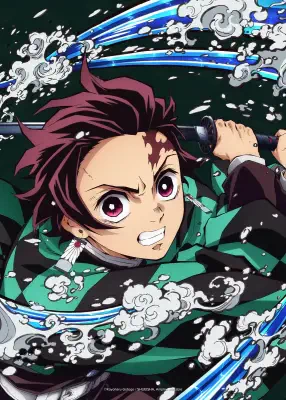 Tanjiro Kamado from Demon Slayer -Kimetsu no Yaiba- The Movie: Mugen Train lunges forward with sword, water-breathing waves and mist swirling around his determined face.