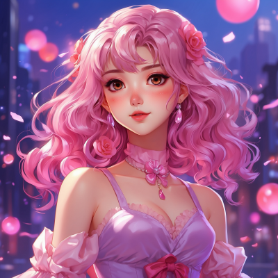 Illustration of a female character with pink hair and an elegant dress, potentially representing a game development concept for a fantasy or role-playing game.