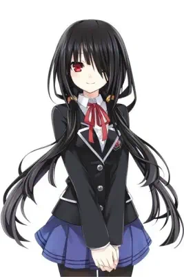 Kurumi from Lycoris Recoil stands with long black hair, red eyes, wearing a black school uniform jacket, red ribbon tie, and a blue pleated skirt on a white background.
