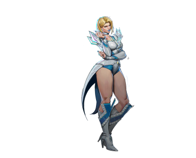 Marvel Rivals: blonde superheroine in white and blue ice-themed costume with crystal shoulder accents and a cape, standing with arms crossed.