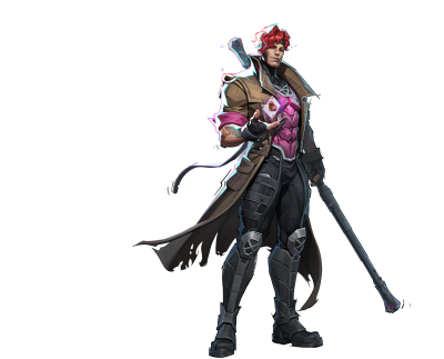 Red-haired armored hero in a long trench coat, wielding a staff and crackling pink energy from his hand — Marvel Rivals character art.