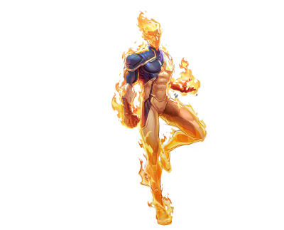 Flaming superhero in a blue-and-gold suit, muscles radiating fire as they levitate with flames trailing from hands, head and feet — Marvel Rivals art.
