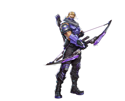 Marvel Rivals archer wearing purple futuristic armor, blond hair, scarf and quiver, holding an energy-lit bow in a dynamic pose.