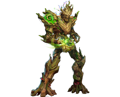 Marvel Rivals character: towering humanoid tree warrior with bark armor, leafy shoulders and roots for feet, hands cradling a pulsing green energy orb at its core.