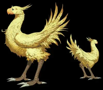 Two golden Chocobos from Final Fantasy stand side by side against a black background, showcasing their large feathers and distinctive bird-like features.