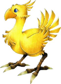 A vibrant yellow Chocobo bird with large blue eyes and feathered wings, a iconic creature from Final Fantasy.