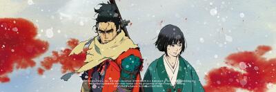Sekiro: No Defeat artwork shows a scarred shinobi with a prosthetic arm beside a serene woman in a kimono, set against falling snow and red splashes.