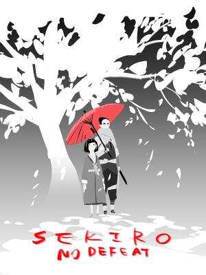 Monochrome illustration of a warrior with a katana and a child beneath a red umbrella under a white tree with falling leaves, red text Sekiro: No Defeat at the bottom.