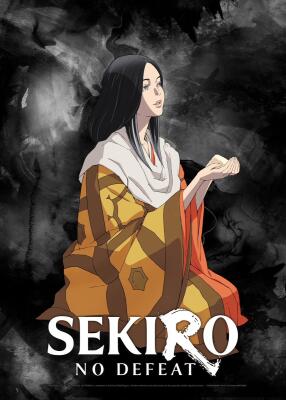 Artwork of a calm woman in a yellow-orange geometric kimono and white scarf, cupping her hands, long black hair against a smoky backdrop; Sekiro: No Defeat title below.