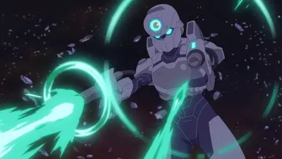 Zoe (Invincible) in Invincible: a gray armored mech unleashing glowing teal energy rings and beams in space amid floating debris.