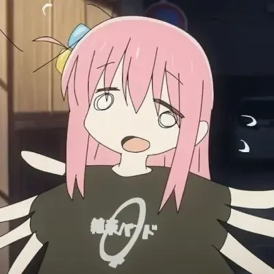 Bocchi the Rock! character with pink hair and a blank, dazed expression, ribbon in her hair, arms outstretched, wearing an oversized black T-shirt with a logo.