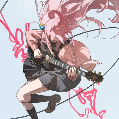 Bocchi the Rock! character with long pink hair and blue earpiece, airborne and fiercely playing a black electric guitar as the cable curls around her.