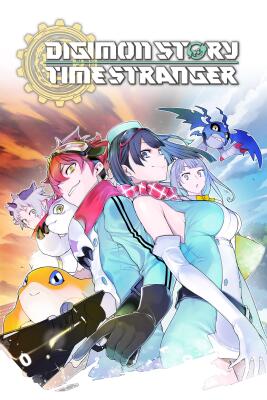 Digimon Story: Time Stranger cover art: three protagonists with several Digimon pose against a dramatic sky split by sunrise and a gear emblem.