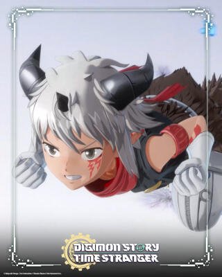 White-haired horned youth with red face markings and armored gauntlets lunging forward, scarf flowing — promotional art for Digimon Story: Time Stranger.