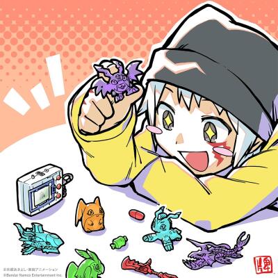 Artwork for Digimon Story: Time Stranger — an excited child in a beanie and yellow hoodie plays with miniature Digimon figures and a Digivice on a dotted peach background.