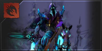Abaddon from Darksiders: spectral armored knight in glowing cyan armor and purple cloak, wielding a polearm atop a glowing warhorse against a misty ruin.