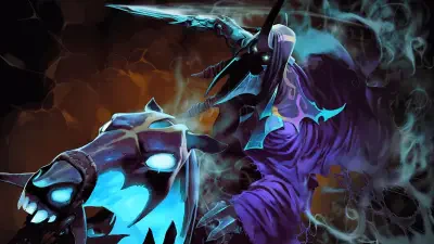 Abaddon, Darksiders: a hooded, armored spectral warrior with a glowing blue blade and spiked shield, surrounded by swirling dark mist.