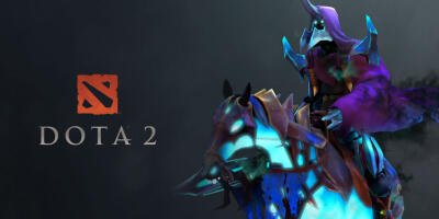 Dota 2 hero Abaddon in Darksiders-inspired armor: hooded death knight on a glowing blue armored horse, purple cloak and skull helm, dark background with Dota 2 logo.