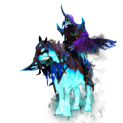 Abaddon from Darksiders: a horned, hooded spectral rider in purple armor astride a glowing cyan, smoky undead warhorse.