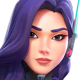 Close-up portrait of D.Mon from Overwatch: purple hair, sleek headset, arched brows and a confident, focused expression