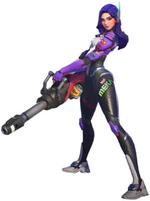 D.Mon from Overwatch: purple-haired woman in a purple-and-black armored bodysuit, standing with legs apart and wielding a large futuristic cannon.