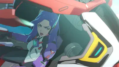 D.Mon from Overwatch leans out of a red mech cockpit, blue-purple hair and a focused expression, gloved hand on controls, neon-lit armor and cockpit interior visible.