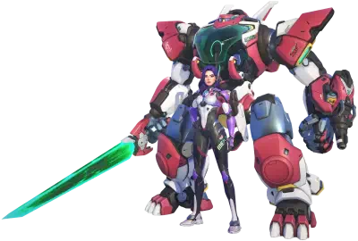 Futuristic female pilot in a white-and-purple suit stands before a bulky red-and-white mech, both poised with a glowing green energy blade — D.Mon, Overwatch