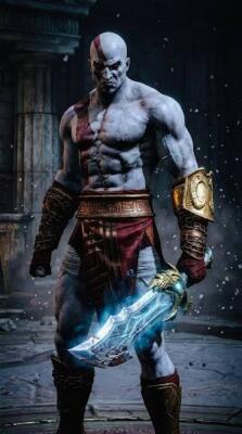 Kratos (God of War) stands in a ruined hall, ash-white skin and red war paint, muscular and grim, wearing gauntlets and loincloth, gripping a glowing blue battle-axe.