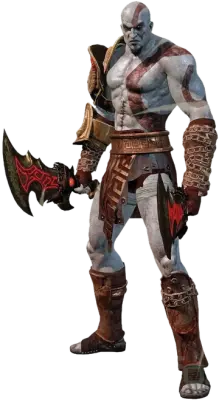 Kratos from God of War: bald, ashen-skinned warrior with red tattoo across torso and face, wearing leather and metal armor, wielding a rune-etched blade.