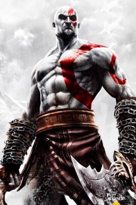 Kratos (God of War) stands shirtless and battle-scarred, red war paint across face and torso, wearing chained bladed gauntlets and holding a large axe against a stormy backdrop.