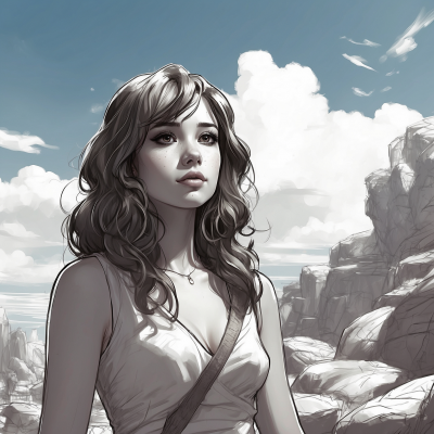 Illustration of a pensive young woman in a fantasy landscape, representing indie game character design.