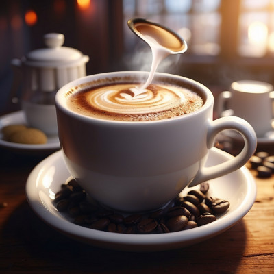 Aromatic cup of latte with artful foam design, surrounded by coffee beans on a saucer, creating a warm, inviting atmosphere for coffee enthusiasts.