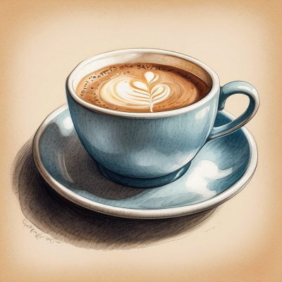 Illustration of a blue coffee cup with a heart-shaped latte art on a saucer, signifying a warm, inviting beverage.