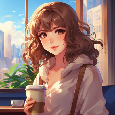 Smiling woman enjoying a coffee in a city cafe setting.