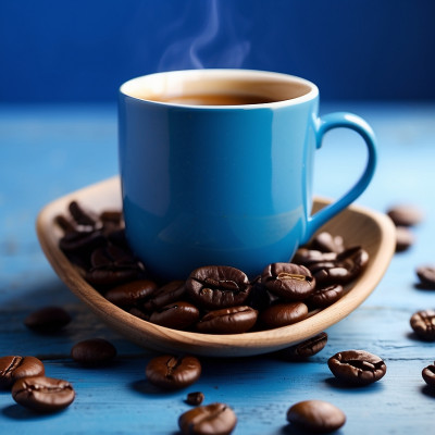 Steaming blue coffee mug on a saucer with fresh roasted coffee beans on a wooden table with blue background