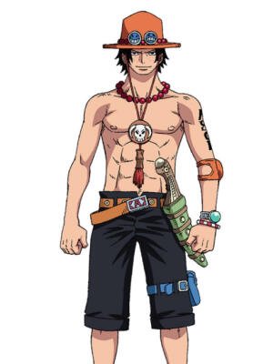 Portgas D. Ace from One Piece stands shirtless in his orange hat and red bead necklace, black shorts with belt, tattooed arm and a green weapon sheath at his hip.