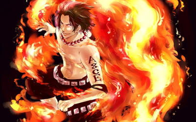 Portgas D. Ace from One Piece, shirtless with red bead necklace and ASCE arm tattoo, fists raised as swirling flames engulf him.