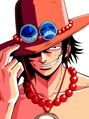 Portgas D. Ace from One Piece, shirtless and smirking, tipping his orange brimmed hat with blue smiley badges, wearing his signature red bead necklace and pendant.
