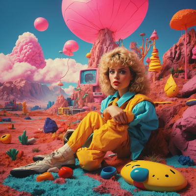 Woman in a colorful outfit sitting in a vibrant, fantastical landscape reminiscent of a video game environment with whimsical mushrooms and a retro TV monitor, suggesting creative game development concepts.
