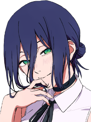 Close-up portrait of Reze (Chainsaw Man): short navy hair, green eyes and flushed cheeks, finger to her lips, wearing a white collared blouse with black ribbon and choker, coy smile.